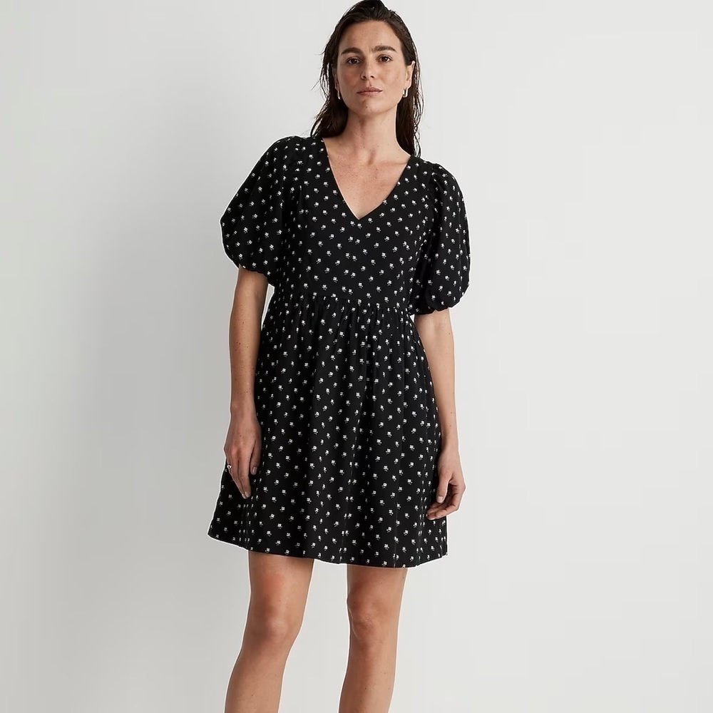 Madewell vneck puff sleeve mini dress ikat printed black white